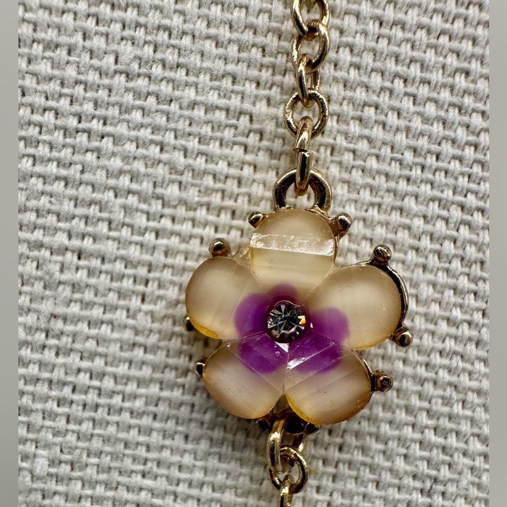 SAQ Gold-Tone Floral Station Necklace, Purple & Cream Acrylic Flowers & Crystals - Picture 4 of 6